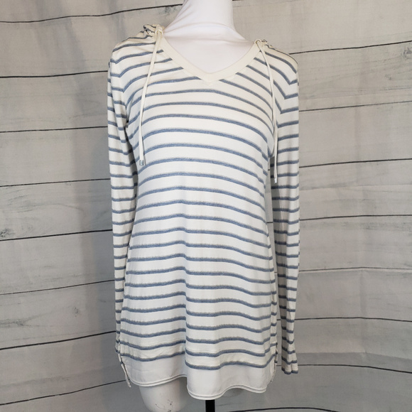 White House Black Market Tops - WHBM white blue silver striped top hooded Medium